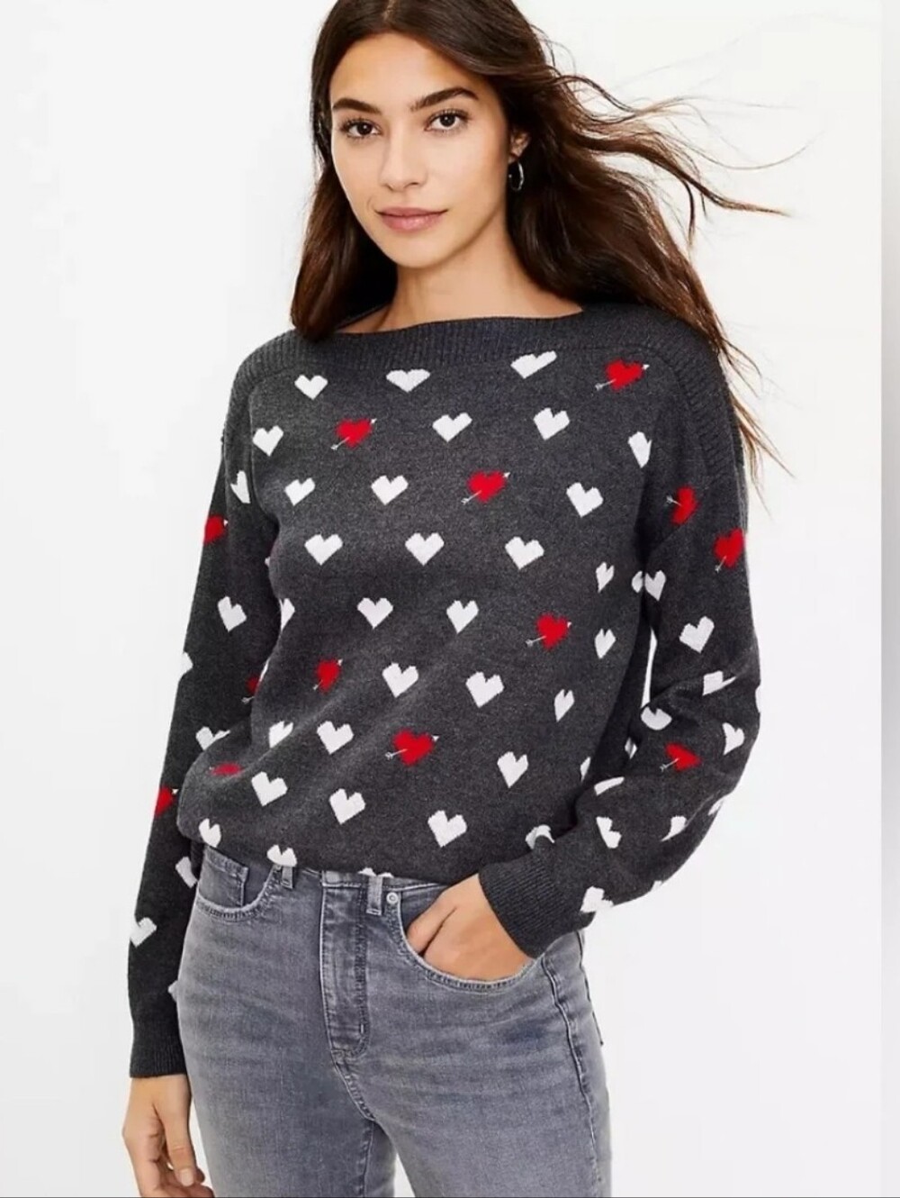 NWOT LOFT Charcoal Gray Sweater with White and Red Hearts Sz M
